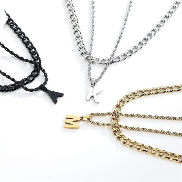 Layered Initial A-Z Letter Necklace for Men Stainless Steel Figaro Twist - Picture 5 of 6